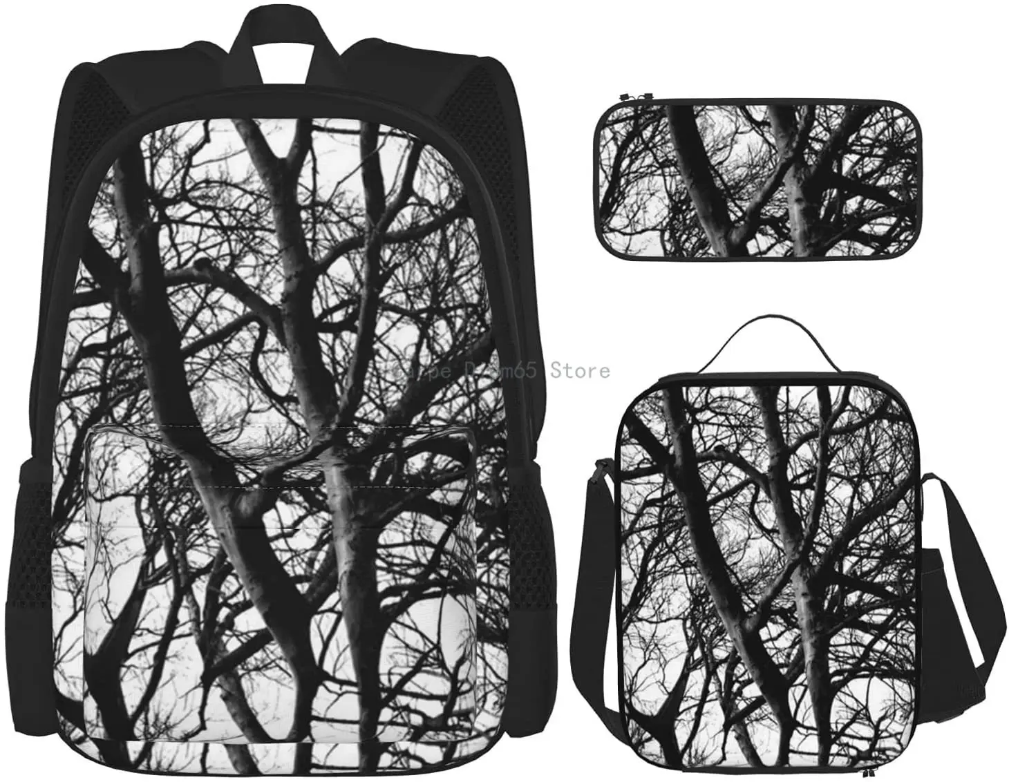 

The Tree Lace Black White Backpack Set 3-Piece Teen Boys Girls Backpack Messenger Lunch Bag Pencil Case Set
