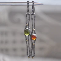 vintage asymmetric green orange stone long drop earrings for women tribal jewelry antique silver color handmade dangle earring