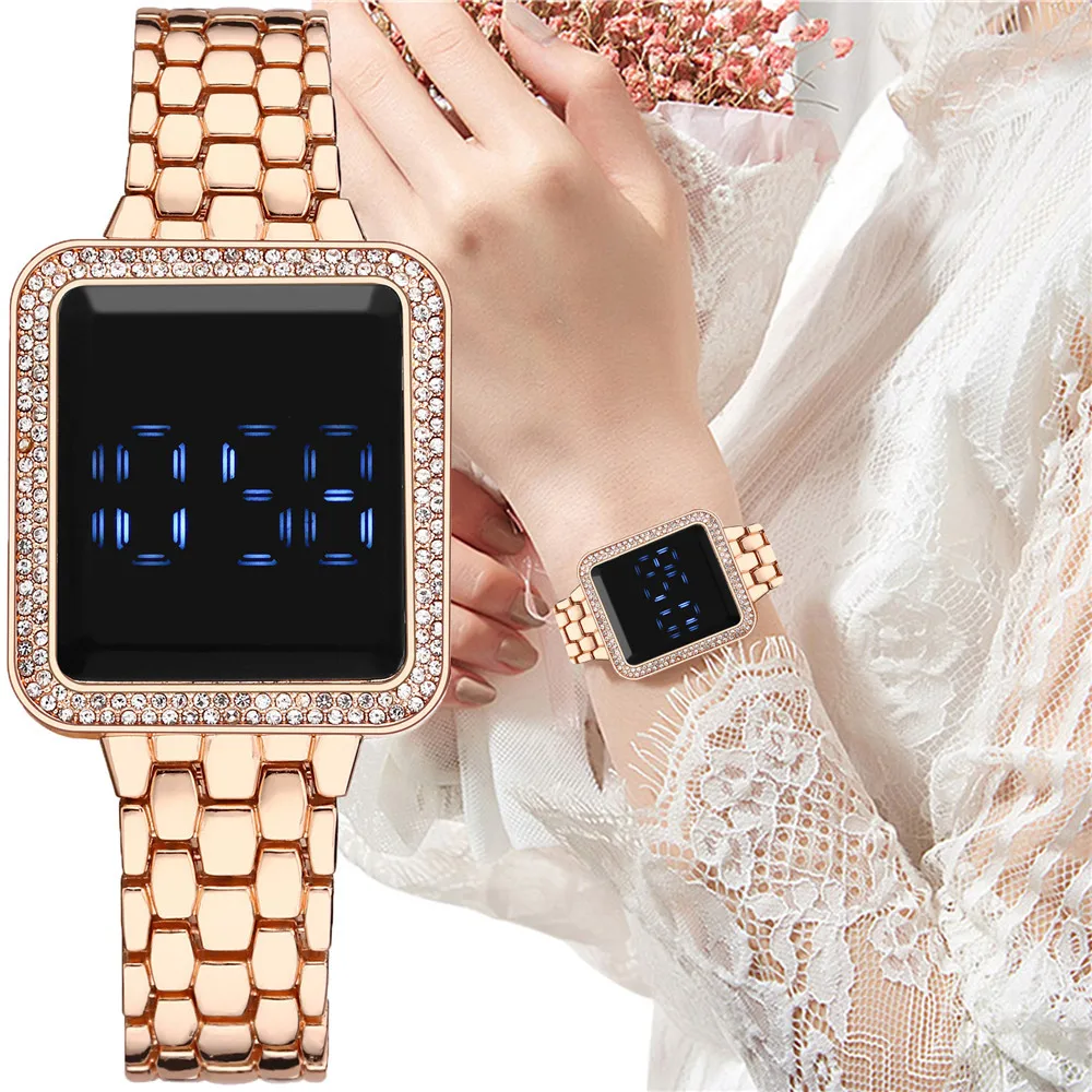 

Hot Square Steel Band Diamond Touch Screen LED Electronic Watch Women's Stylish and Versatile Electronic Watch