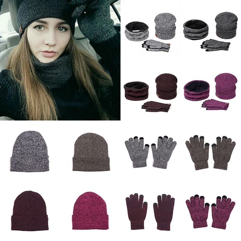 

3PCS Hat with Scarf Winter Knitted Cotton Cap Scarf Suit Gloves Cycling Winter Accessories Sets Men&Women Fashion Comfortable