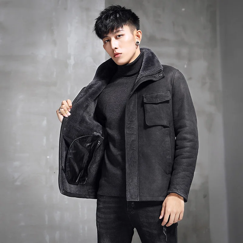 

Real Genuine Leather Men Winter Natural Fur Vintage Shearling Jacket Motorcycle Sheepskin Coat XZ-A-198179