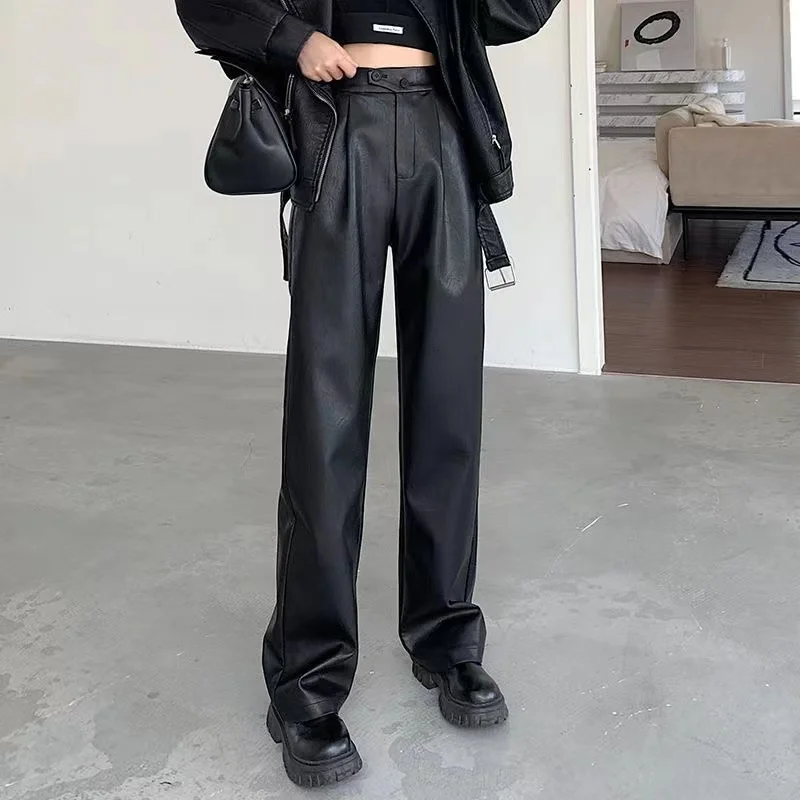 

Женские широкие брюки из искусственной кожи, черные винтажные свободные брюки с высокой талией, на пуговицах, уличная одежда, осень-зима 2023