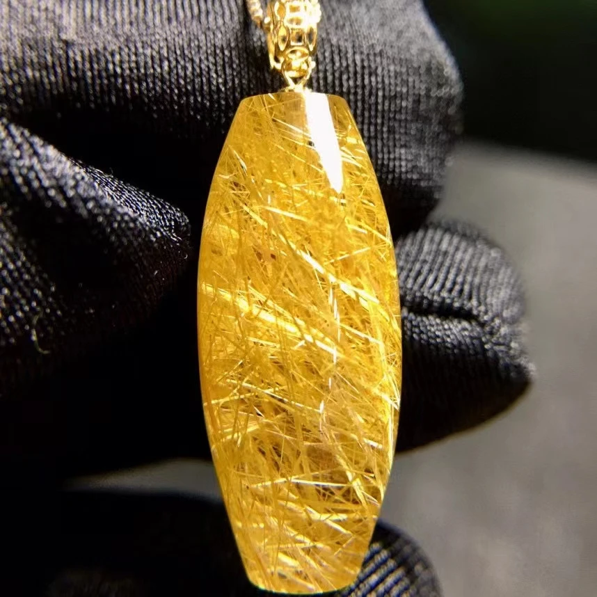 

Natural Gold Rutilated Quartz Rectangle Pendant Necklace Brazil 26.1*11.4*10.7mm 18K Gold Rutilted Women Men Jewelry AAAAAAA