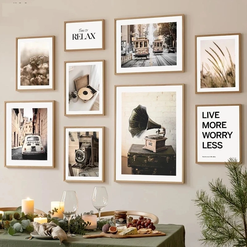 Vintage Camera Record Player Bicycle Typewriter Bus Picture Wall Art Canvas Painting Scenery Grass Poster and Print Home Decor