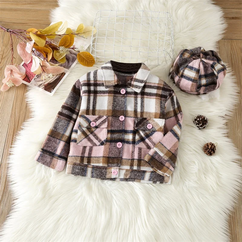

Клетчатая куртка BeQeuewll для девочек, Осенняя детская куртка на пуговицах, с длинным рукавом, воротником с лацканами, шапка, зимняя теплая верхняя одежда с карманами