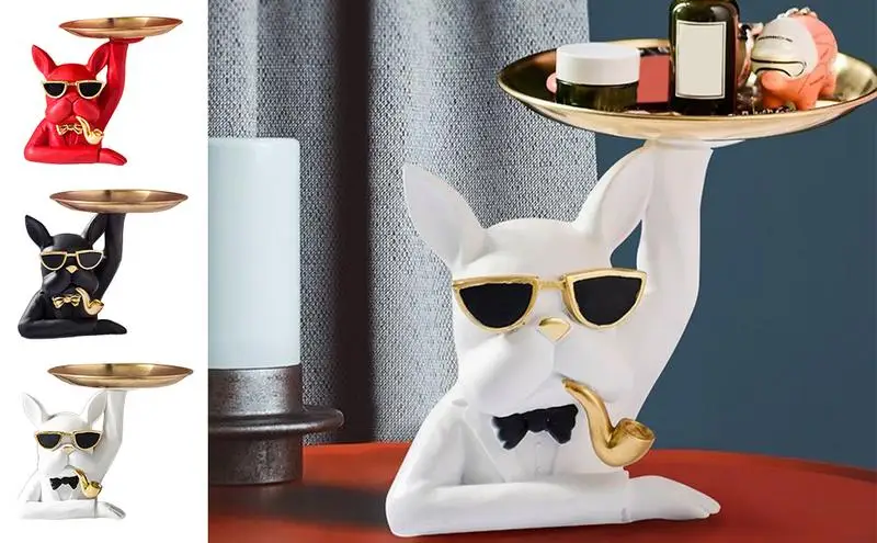 

Dog Statue Storage Tray Multifunctional Animal Sculpture Office Home Table Decoration Key Tray Resin Bulldog Figurine With Tray