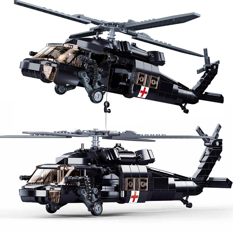 

Military Transport Black Helicopter Model Aircraft US UH-60 Hawk Airplane Rescue Army Building Blocks WW2 MI24 SWAT Model Toys