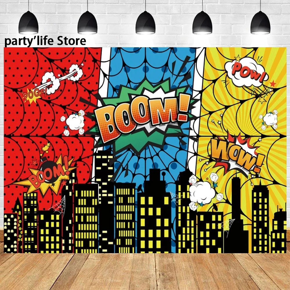 Фон для фотосъемки с изображением супергероев города здания детского дня