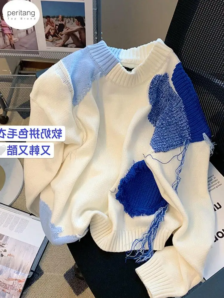 

Autumn Winter Fashion 2023 Japanese Fashion Women Sweater Pullover White Loose Knitted Jumper Color Block Design Heart Sweater