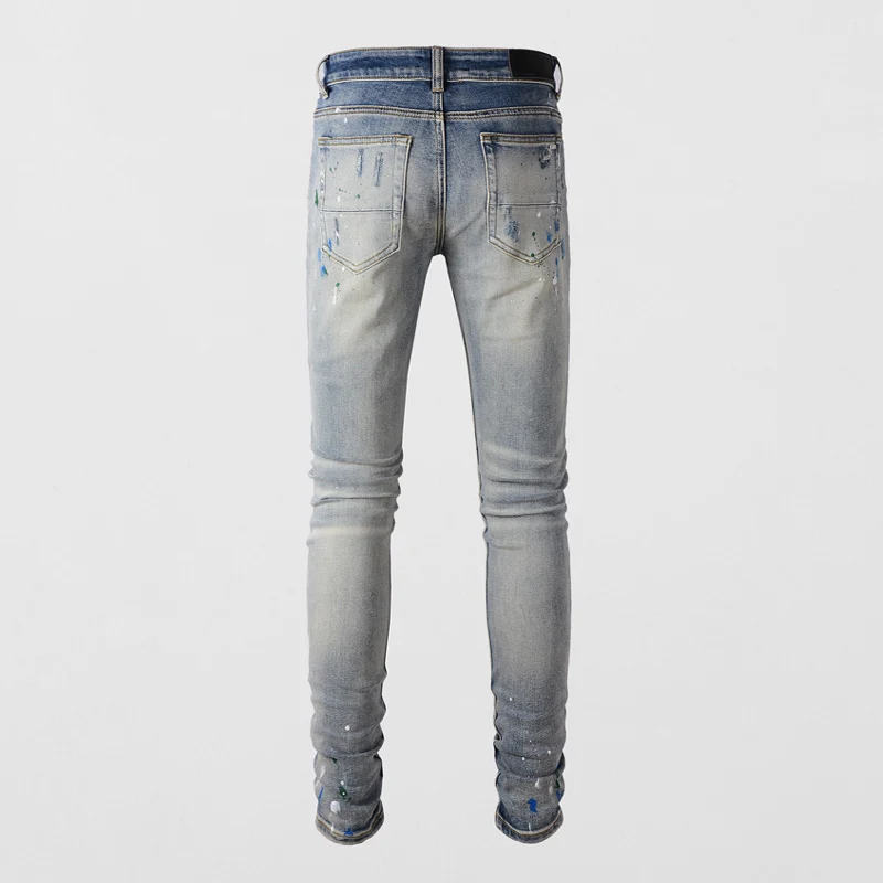 Street Fashion Men Jeans Retro Light Blue Elastic Slim Fit Painted Ripped Jeans Men Patched Designer Hip Hop Brand Pants Hombre