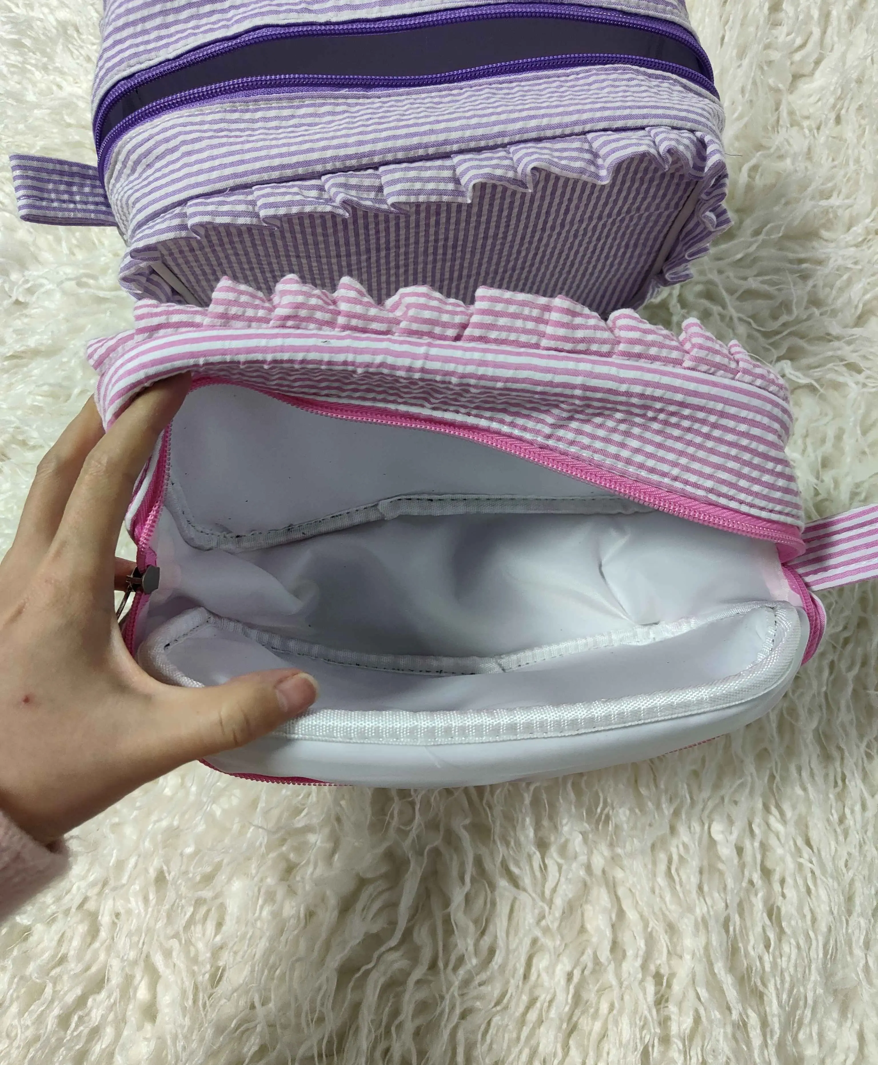 Toddler Seersucker Travel Duffle With Cosmetic Bag Pink Ruffle Kids Travel Bag Overnight Make up Seersucker Carry Bag Outdoor
