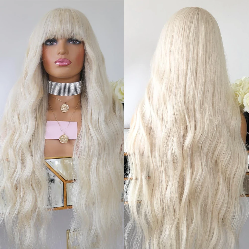 

Full Lace Human Hair Wigs with Bangs Snow White Loose Wave Lace Front Wig Remy Hair 13x6 Pre Plucked Platinum Bangs Wig 180%