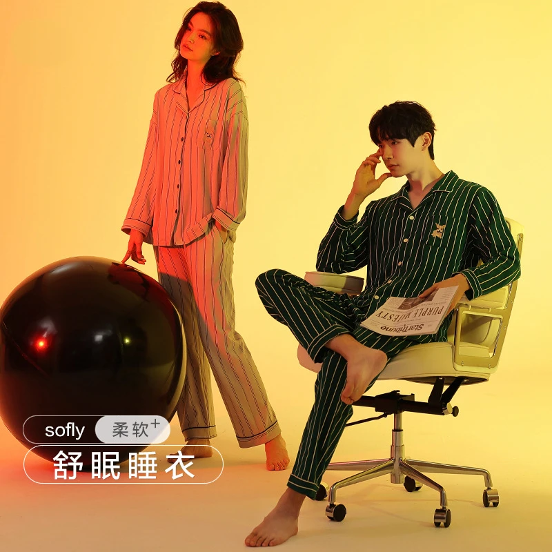Spring and Autumn Cotton Couple Pajamas Women Turn-down Collar Long Sleeve Pajama Sets Soft Outfits Winter Men Home Clothes Suit