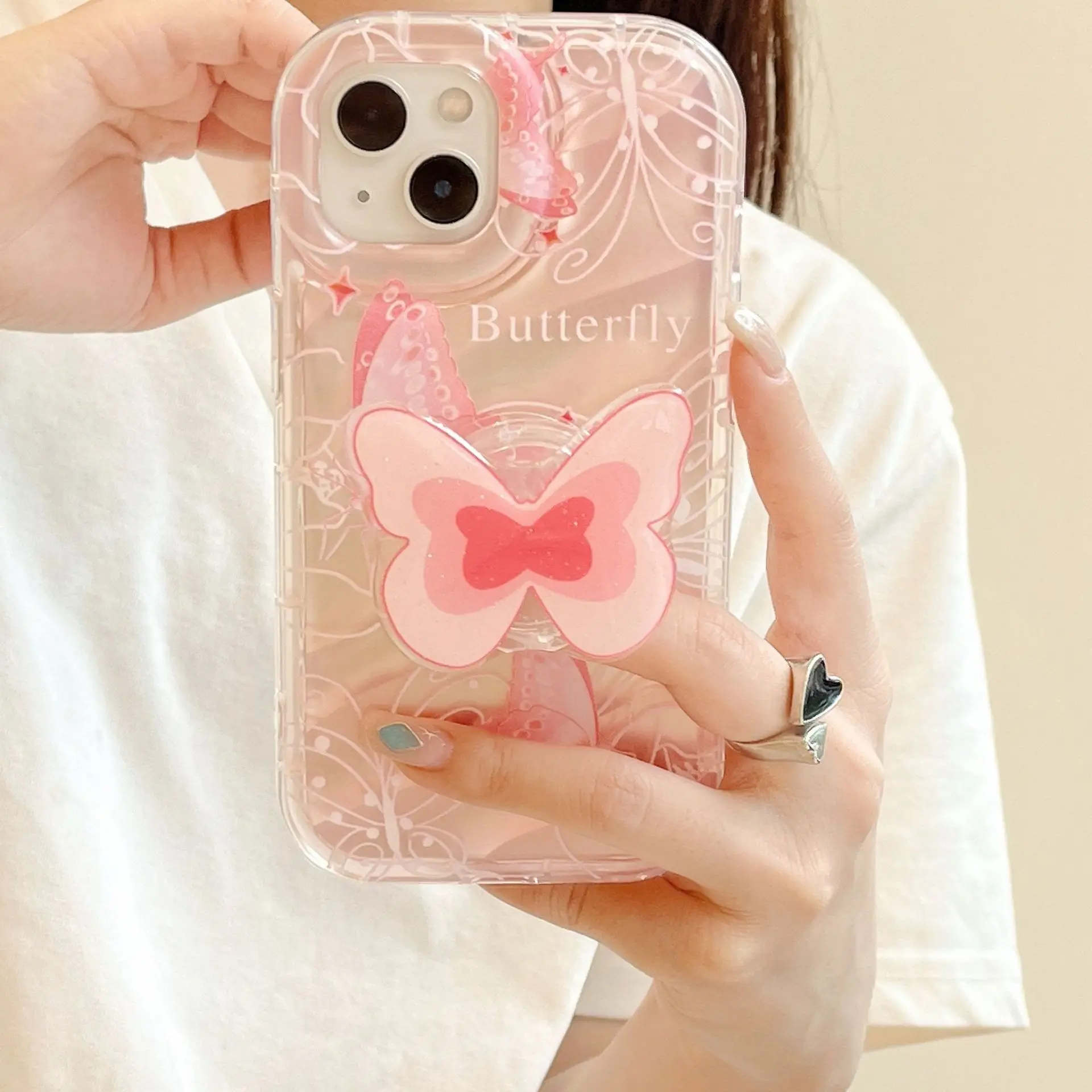 

Luxury Butterfly Bracket Pink TPU Armor Case for IPhone 14 15 13 12 Pro Max X XR 8 Plus Lens All-inclusive Shockproof Protection