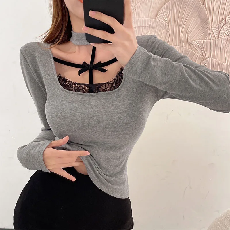 

A Round neck T-shirt women's autumn and winter bottoming shirt Western style with a mid-length and small short-sleeved top