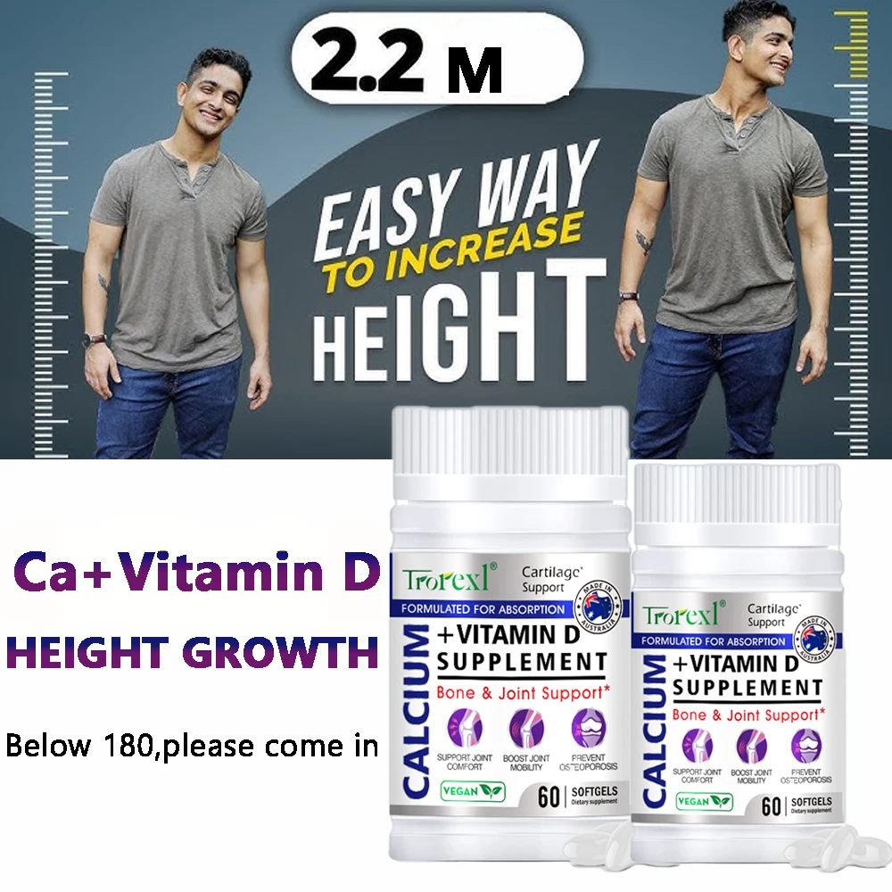 

60pc Height Growth Pills for Adult Calcium VitaminD Vegan Softgels Help Grow Taller Increase Bone Strength Support Immune Health