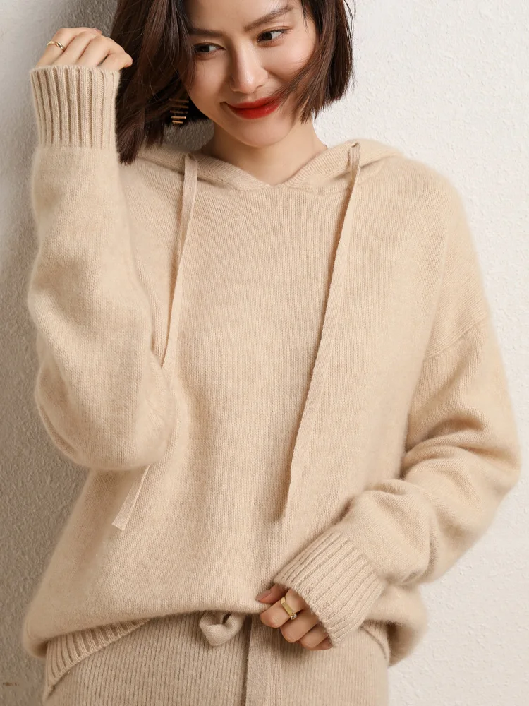 

Autumn Winter 100% Pure Merino Wool Oversize Hoody For Women Thickened Pullover Cashmere Sweater New Fashion Female Clothing