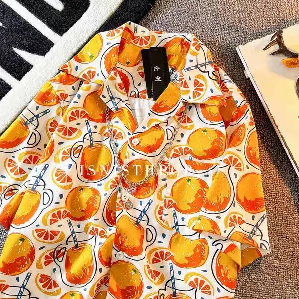

Orange Summer Vintage Oil Painting Short Sleeve Shirt Men Floral Printed Harajuku Shirt Women Blouses Ins Surfing Hawaiian Shirt