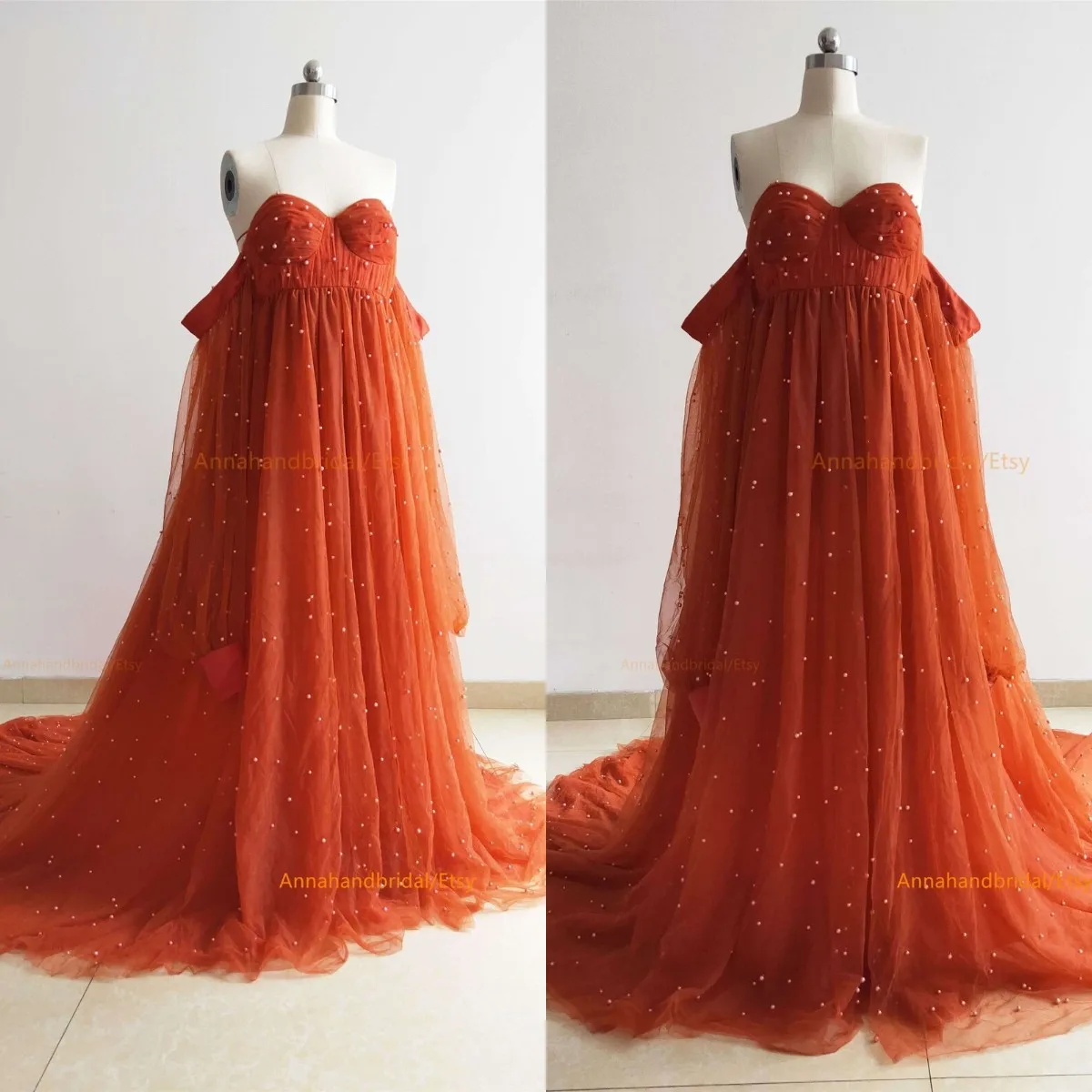 

Orange Red Pearls Tulle Maternity Dress Prom Dress for Photo Shoot Off The Shoulder Puff Long Sleeves Pregnant Evening Gowns
