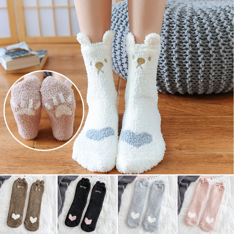 

Cartoon Coral Fleece Socks Cute Indoor Home Floor Socks Autumn Winter Velvet Thermal Mid Socks Fluffy Women Stockings Fashion