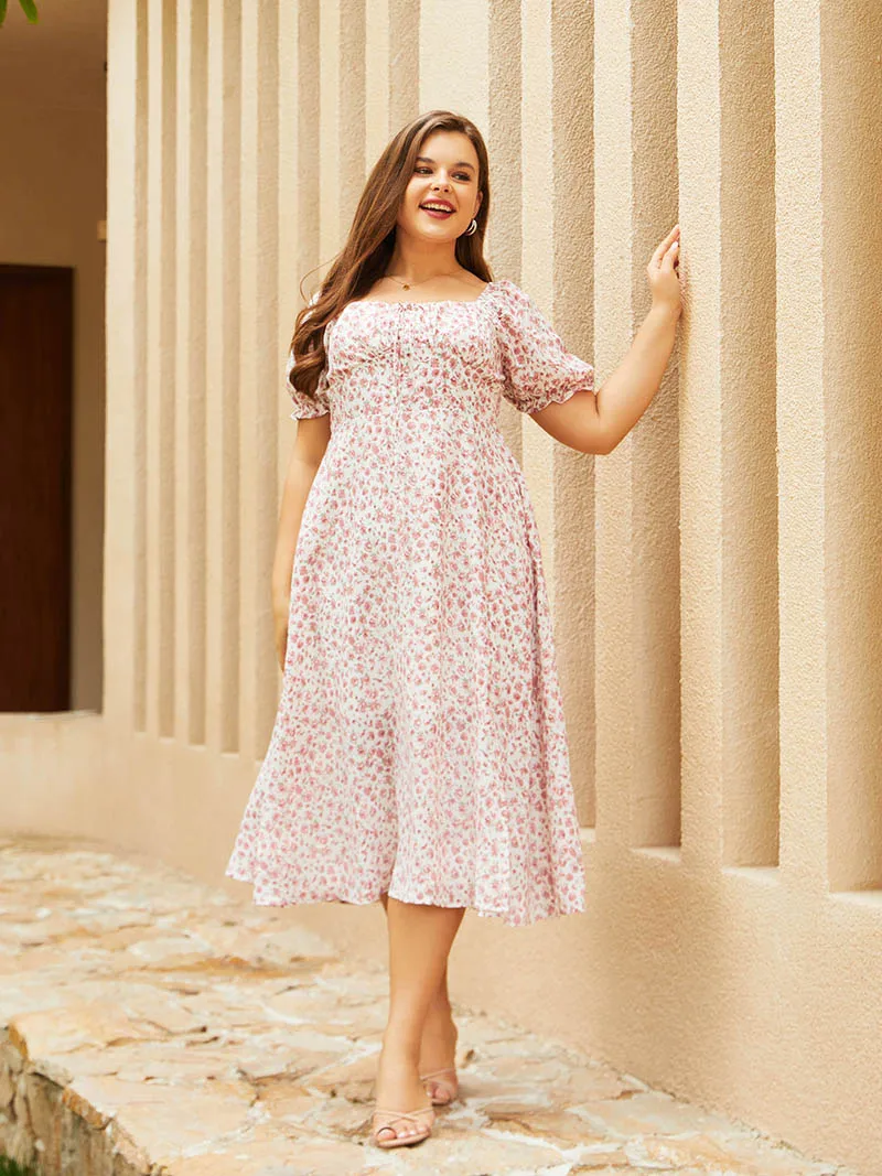 Side Slit Blue Pink Floral Women Long Dresses Plus Size Women Summer Dresses Elegant Big Size Ladies Midi Dresses For Women 2023
