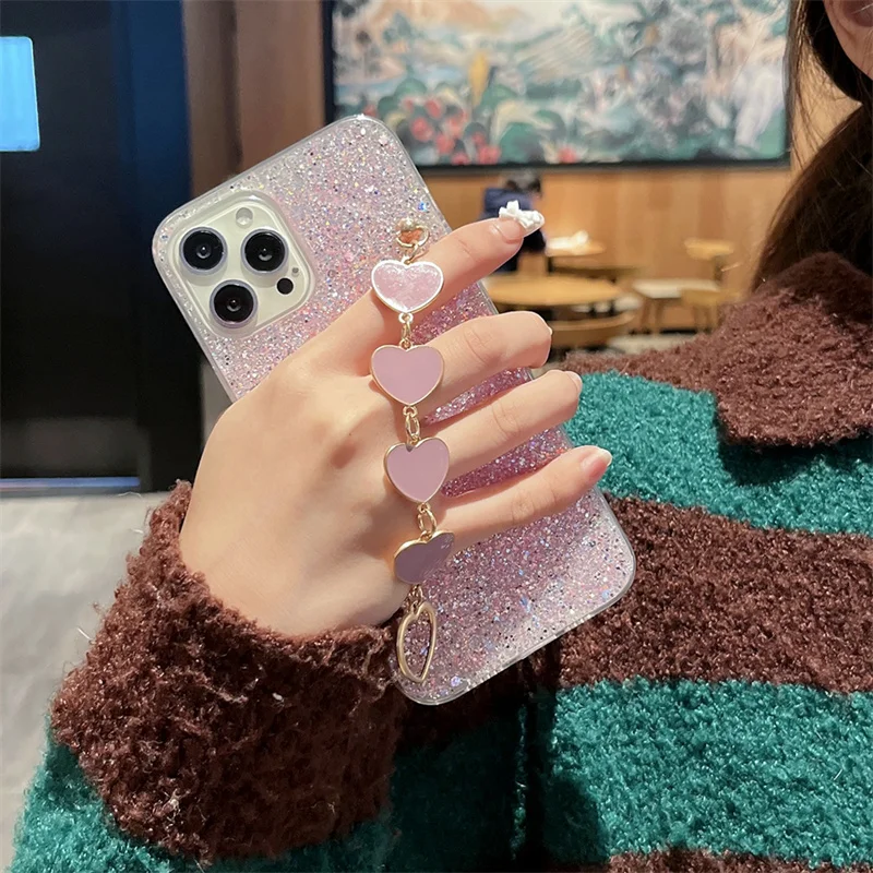 Luxury Soft Love Heart Bracelet Phone Case For Xiaomi Redmi Note 11 11S 10 10S 10A 9 9A 9C 10C 9T POCO X3 X4 F4 Back Chain Cover