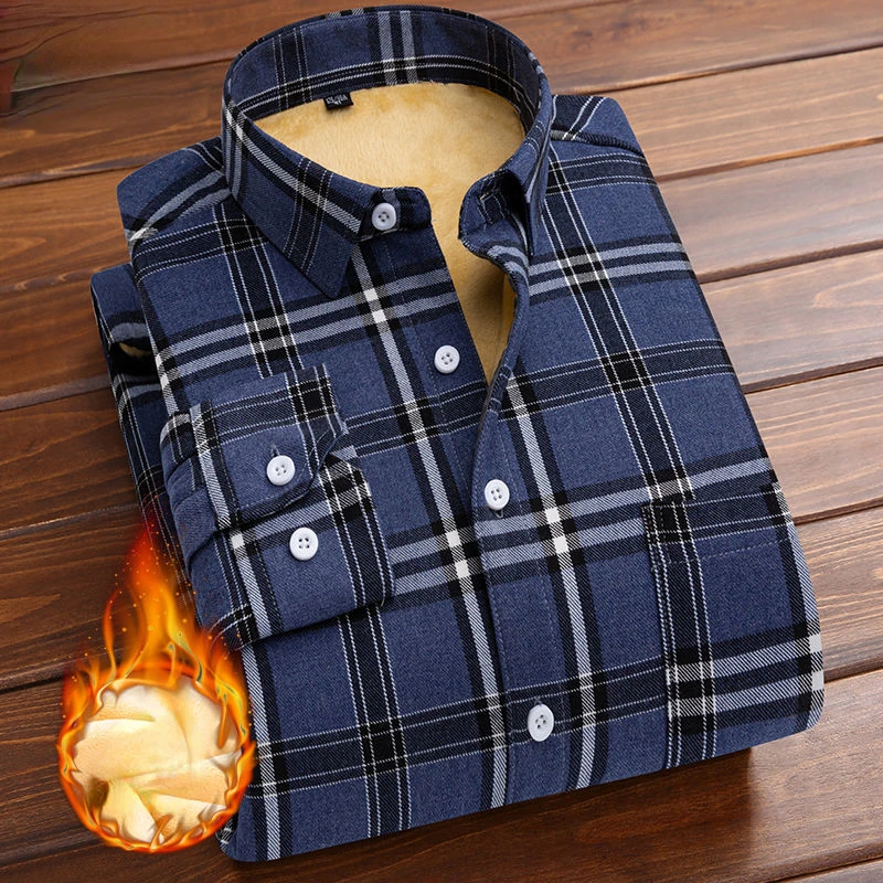 Autumn and Winter New Warm Plush Heavy Plaid Men's Shirt Middle-aged and Old Fashionable Long Sleeve Casual Woolen Shirt