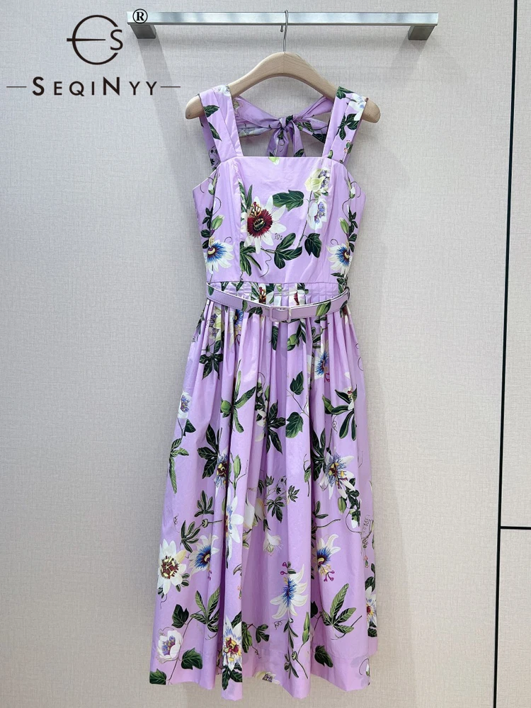 SEQINYY 100% Cotton Dress Summer Spring New Fashion Design Women Runway Strapless Vintage Flowers Print Elegant Pockets