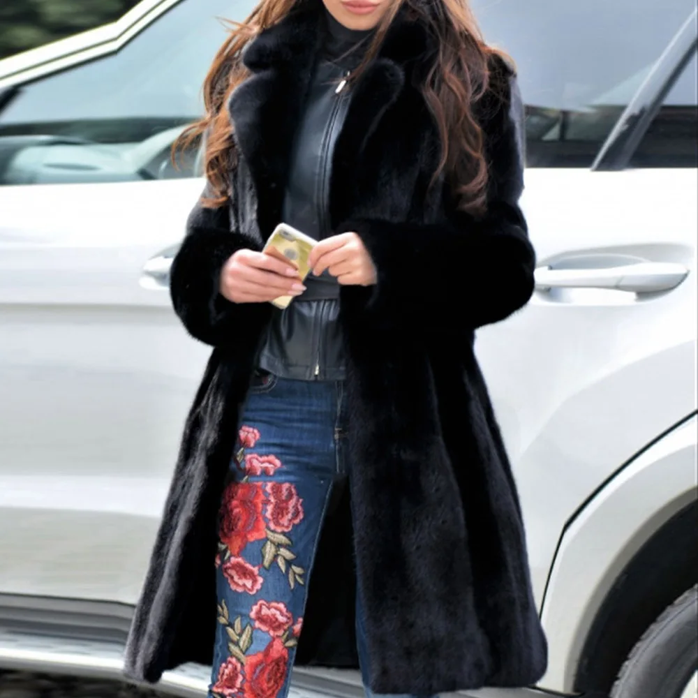 Women's Leather Fur Coat Autumn and Winter Long Imitation Fur Coat Top Female Faux Fur Coat