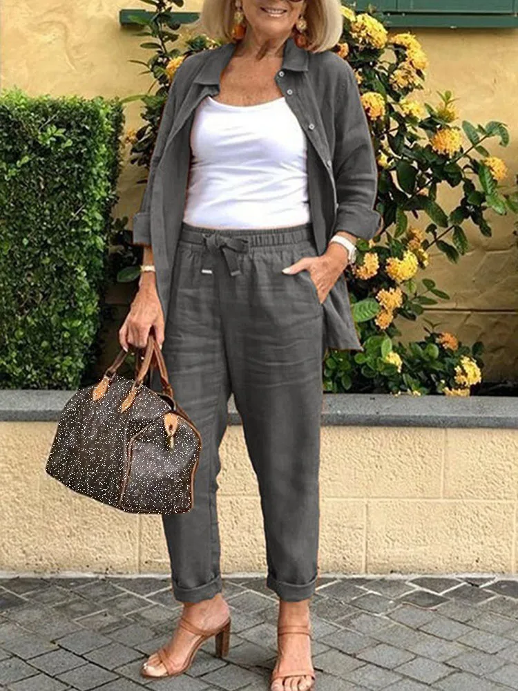 

Casual Ladies 2 Piece Sets Fashion Lapel Long Sleeve Single Breasted Cardigan Shirt and Lace Up Pants Set Women Loose Solid Suit