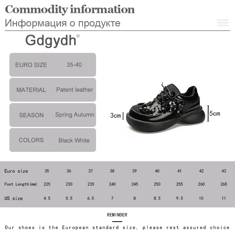 Gdgydh Women Chunky Platform Single Shoes Round Toe Female Flats Lace-Up Soft Heels Light Ladies Flowers Shoes Black And White