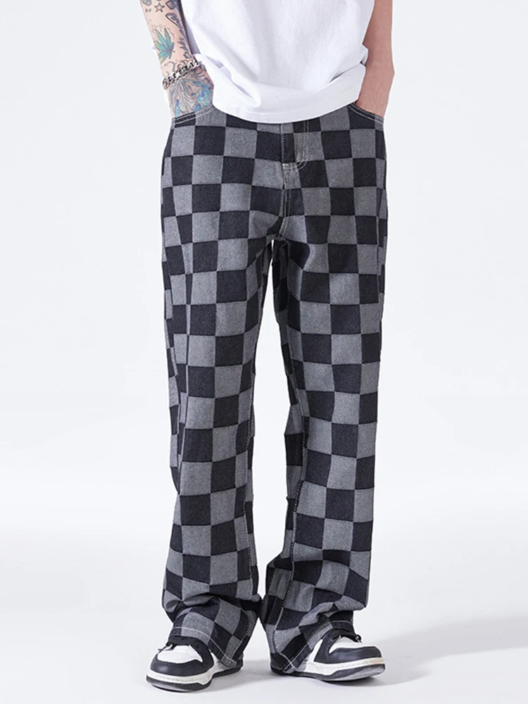 Fashion Men's Jeans Checkerboard Print Pants Korean Trend Loose Straight Street Casual Wide Leg Pants Ins Hot Sale Men's Pants