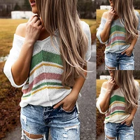 2022 summer new knitted sweater striped color matching off the shoulder sweater womens short sleeved v neck beach top