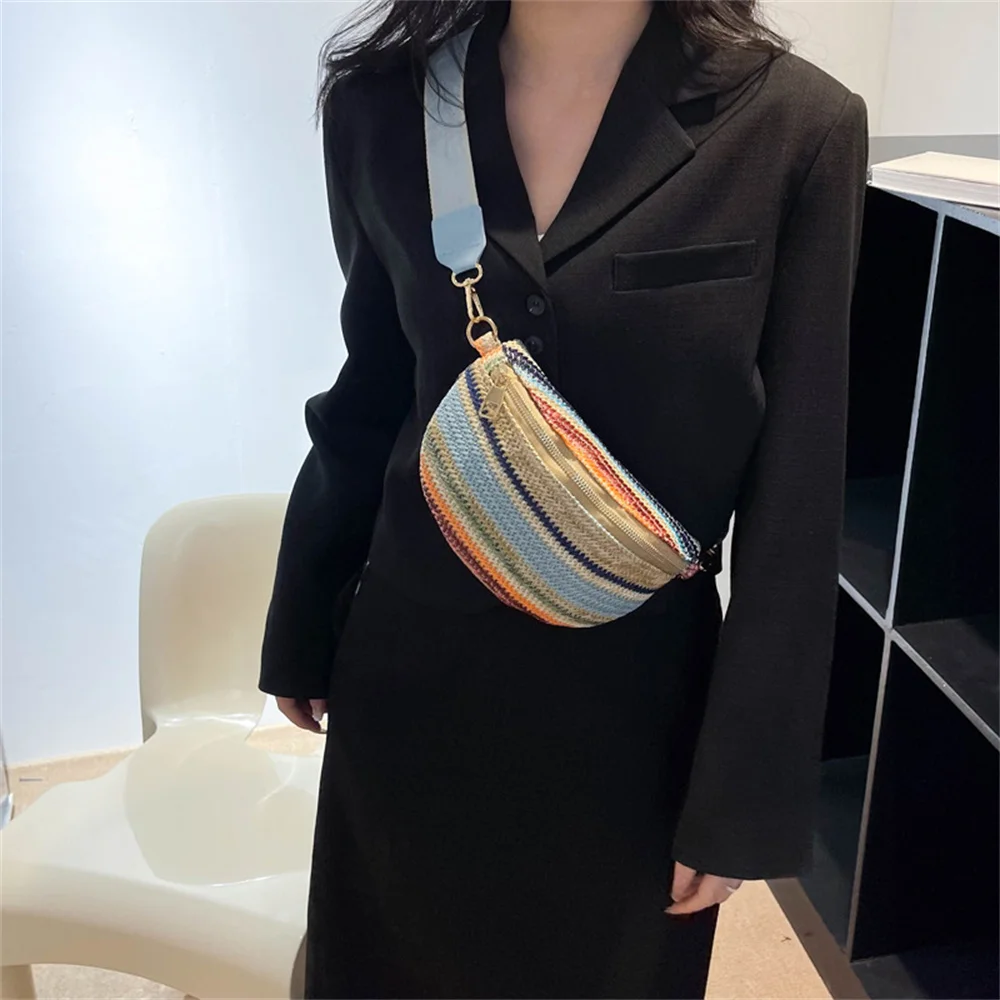 Boho Weaving Sling Bag Women Luxury Designer Striped Knitted Waist Bag Ladies Fashion Versatile Guitar Strap Crossbody Chest Bag