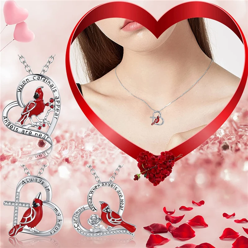 

Exquisite Heart Shaped Pendant Necklace Cardinal Parrot Necklace Red Bird Cardinals Love Lettering Cross Always In My Heart Gift