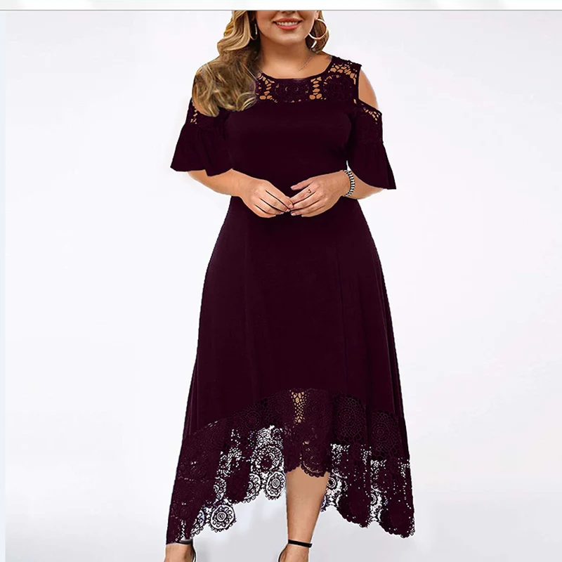 

Sexy Women Solid Lace Patchwork Maxi Dress summer Fashion O-neck Short Hollow Out Sleeve A-line Party Dress Elegant Lady Vestido