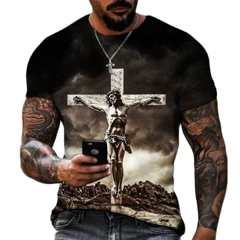 

Summer Men's T-Sirt od Reliion Crist Jesus Cross 3D Print ip op Loose Sort Sleeve Streetwear Oversized Vintae T Sirts