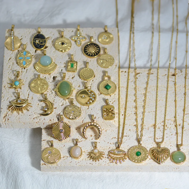 

Classic 18K Vintage Necklace Stainless Steel DIY Natural Stone Drop Oil Pendant Jewelry Women Evil Eye Collar Hombre