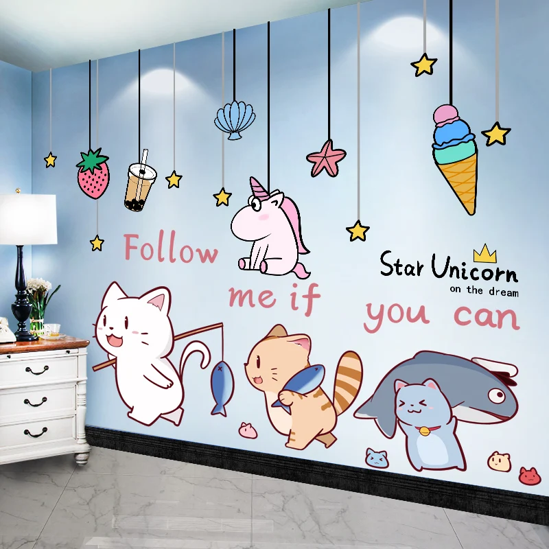 

[SHIJUEHEZI] Cats Fish Animals Wall Stickers DIY Stars Hangings Mural Decals for Kids Room Baby Bedroom Nursery Home Decoration