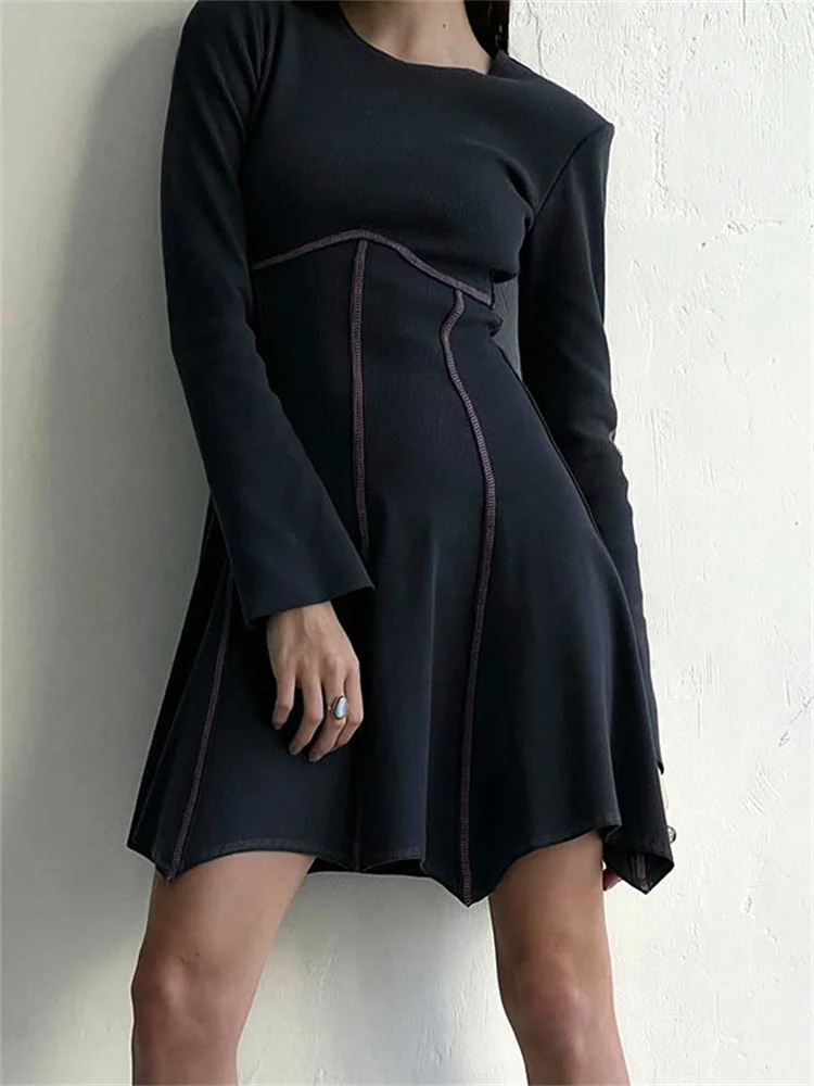 

CHRONSTYLE Fall Winter Long Sleeve Mini Dress Elegant Fashion Women Round Neck High Waist Irregular Hem Short A-Line Dress 2022