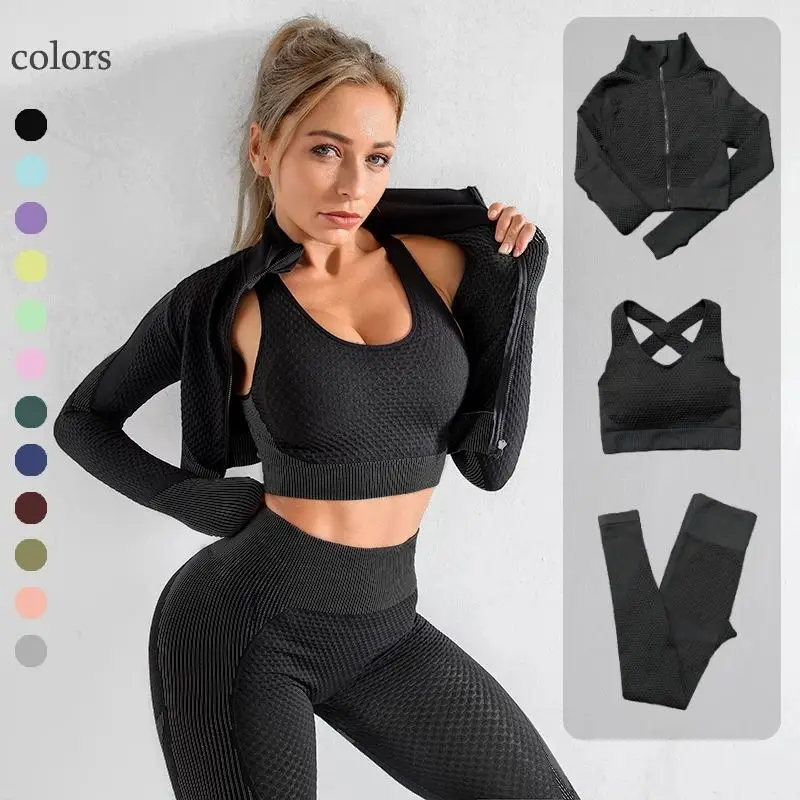 

3PCS Yoga Fitness Clothing Women Plus Size Quick-drying Tight-fitting Hip Lift Training Suit Workout Leggings Top Sports Clothes