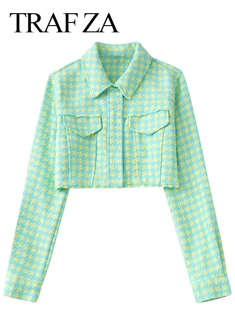 

TRAF ZA Youth Light Green Plaid Print Raw Edge Fashion Short Lady Blazer Casual Lapel Straight Suit Top Women's Clothing New
