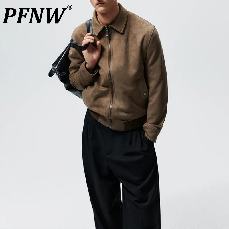 

PFNW 2023 Autumn New Men's Fashion Casual Jackets High Street Solid Color Turn Down Collar Zipper Slim Tide Coats 12A6441