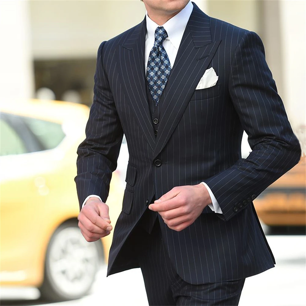 Элегантные темно-синие полосатые костюмы для мужчин деловой блейзер с пиковым