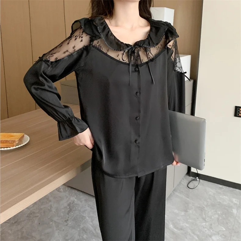 Lisacmvpnel Women's Spring And Summer Ice Silk Long Sleeve Set Pajamas French Court Style Home Clothes Sleepwear