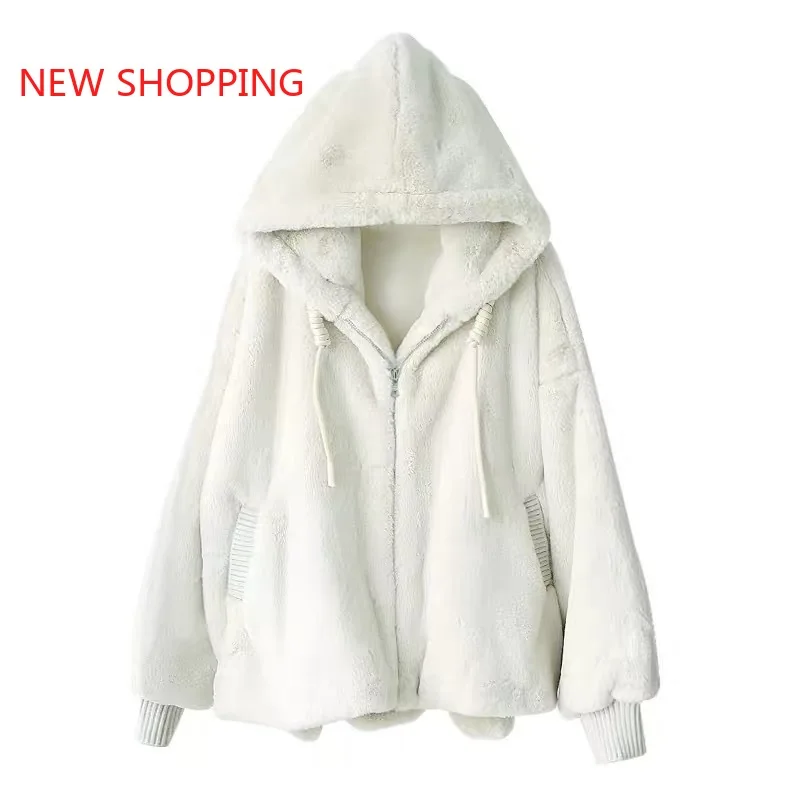 Fall Winter Loose Hooded Plush Jacket Imitation Rabbit Fur Coat White Zipper Plush Jacket Cardigan Luxurious Elegant Party Coats