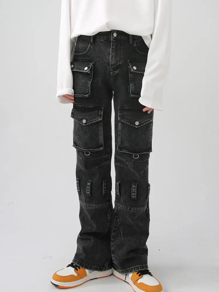 

SYUHGFA Men Clothing 2022 Autumn Korean Streetwear Fashion Washed Straight Jeans Pockets Casual Denim Cargo Trousers
