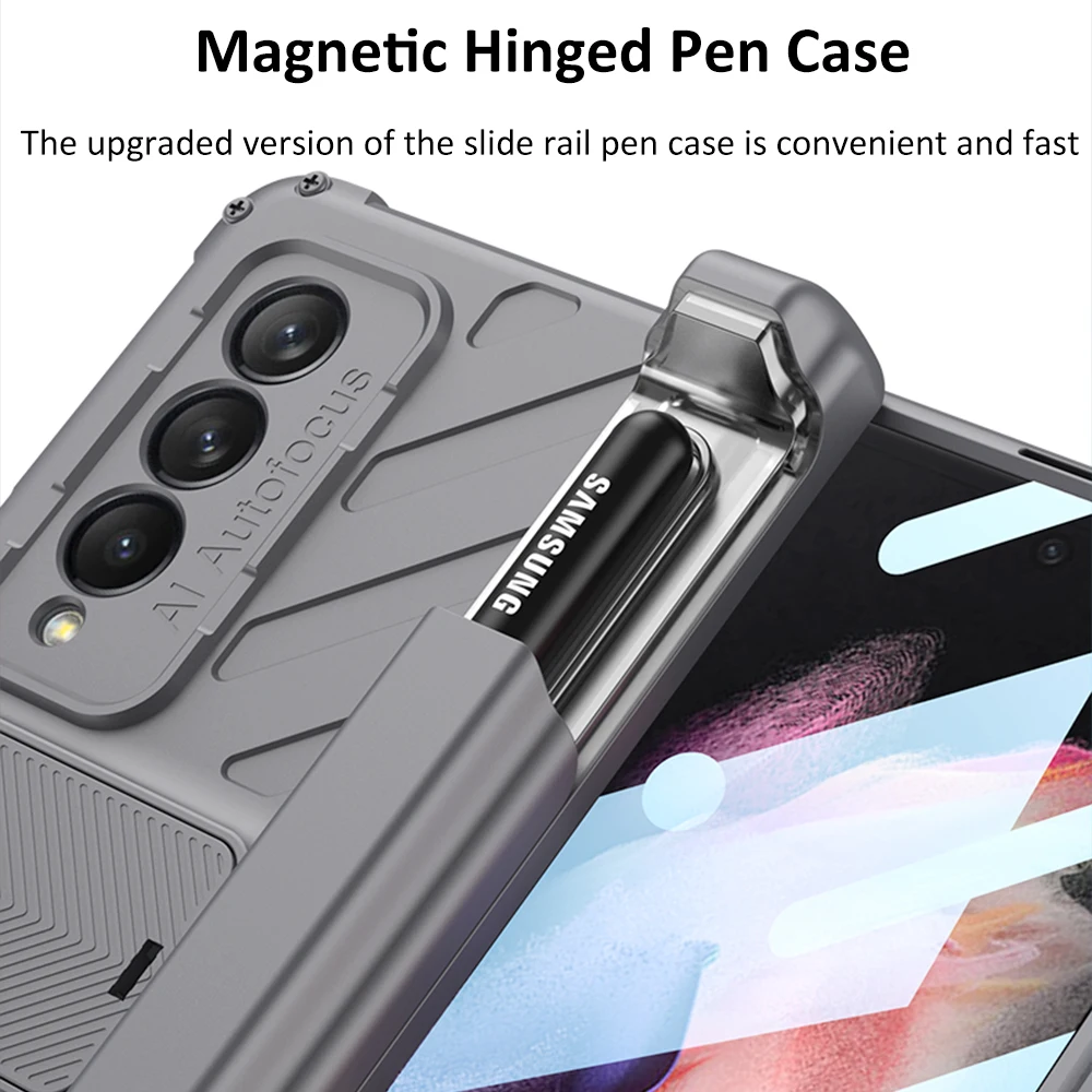 Magnetic Hinge Slide Pen Slot Case For Samsung Galaxy Z Fold3 4 5G Stand Case with Glass Film Armor Bracket Cover for Fold2 Case