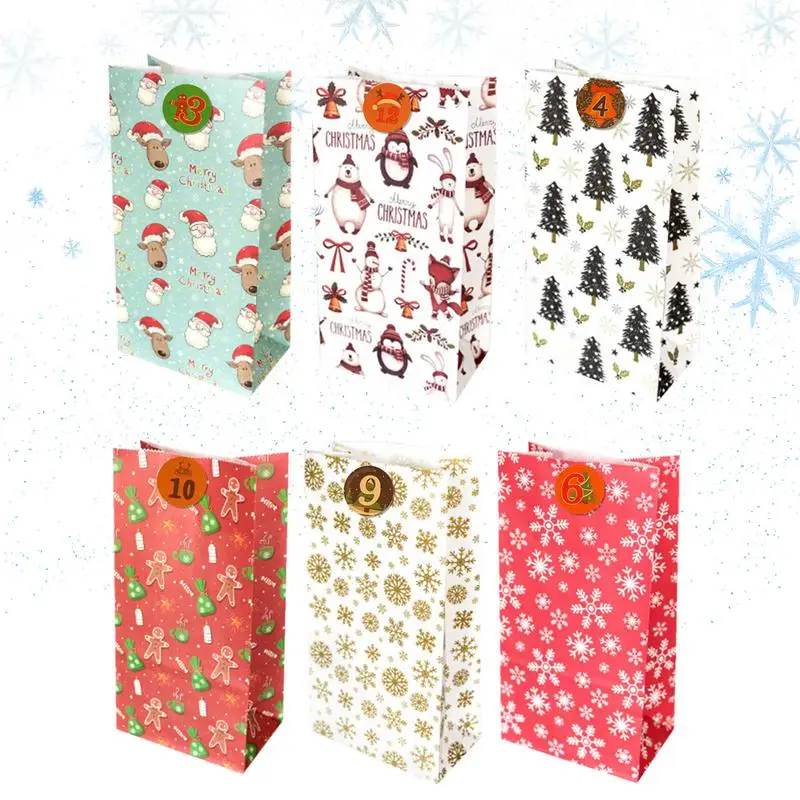 

Рождественские подарочные пакеты из крафт-бумаги, рождественские дизайнерские подарочные пакеты с 24 рождественскими наклейками