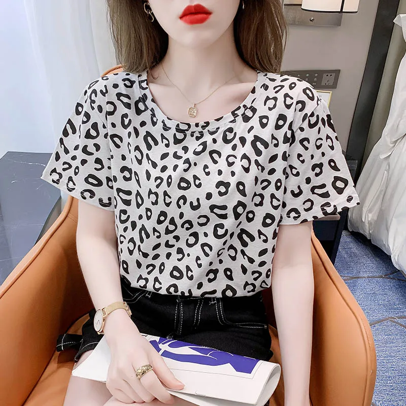 

Leopard print short sleeve T-shirt women's cotton loose and versatile summer 2022 new print Korean chic round neck top